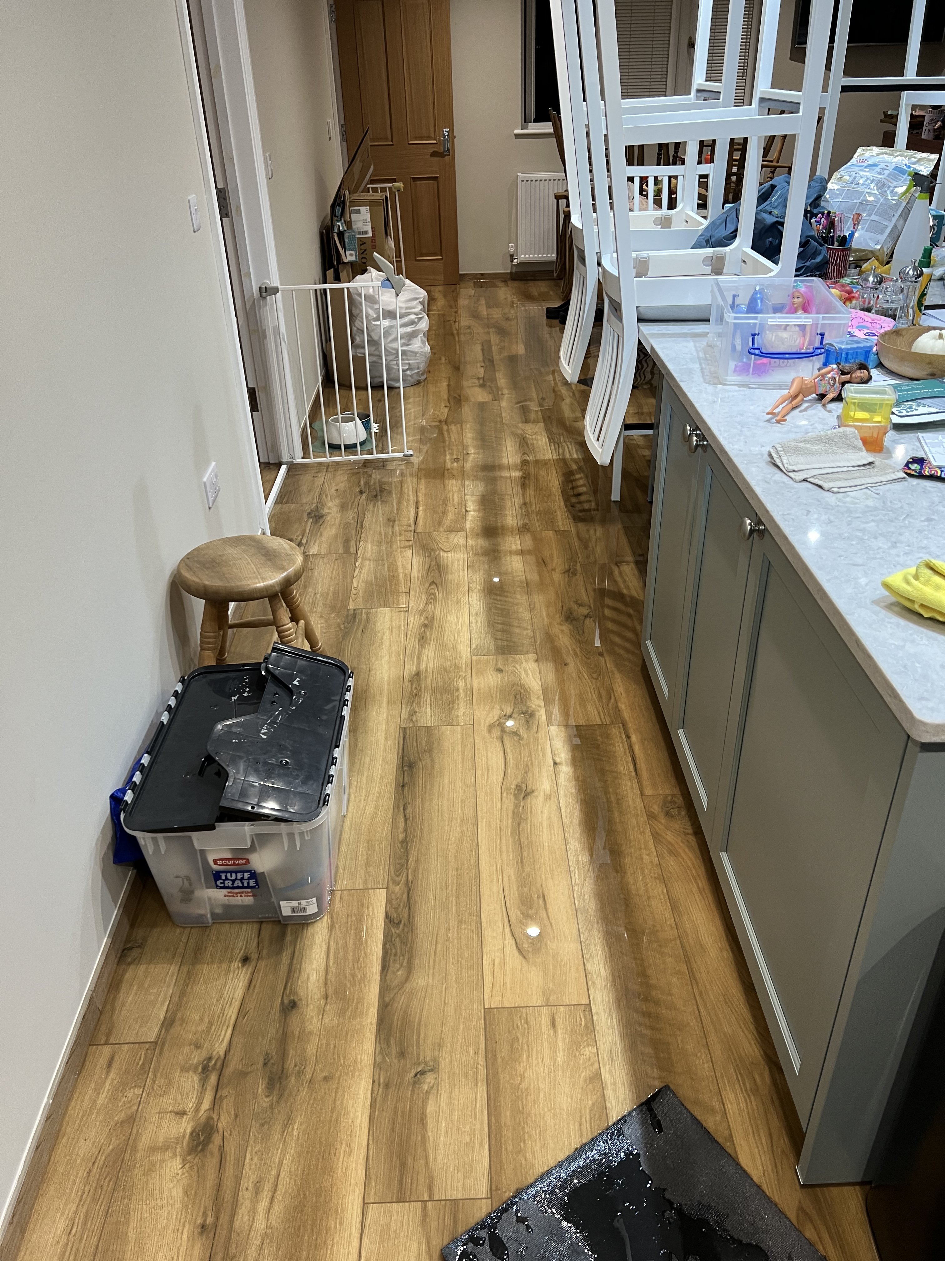 The kitchen after the second flood — five weeks after moving back in